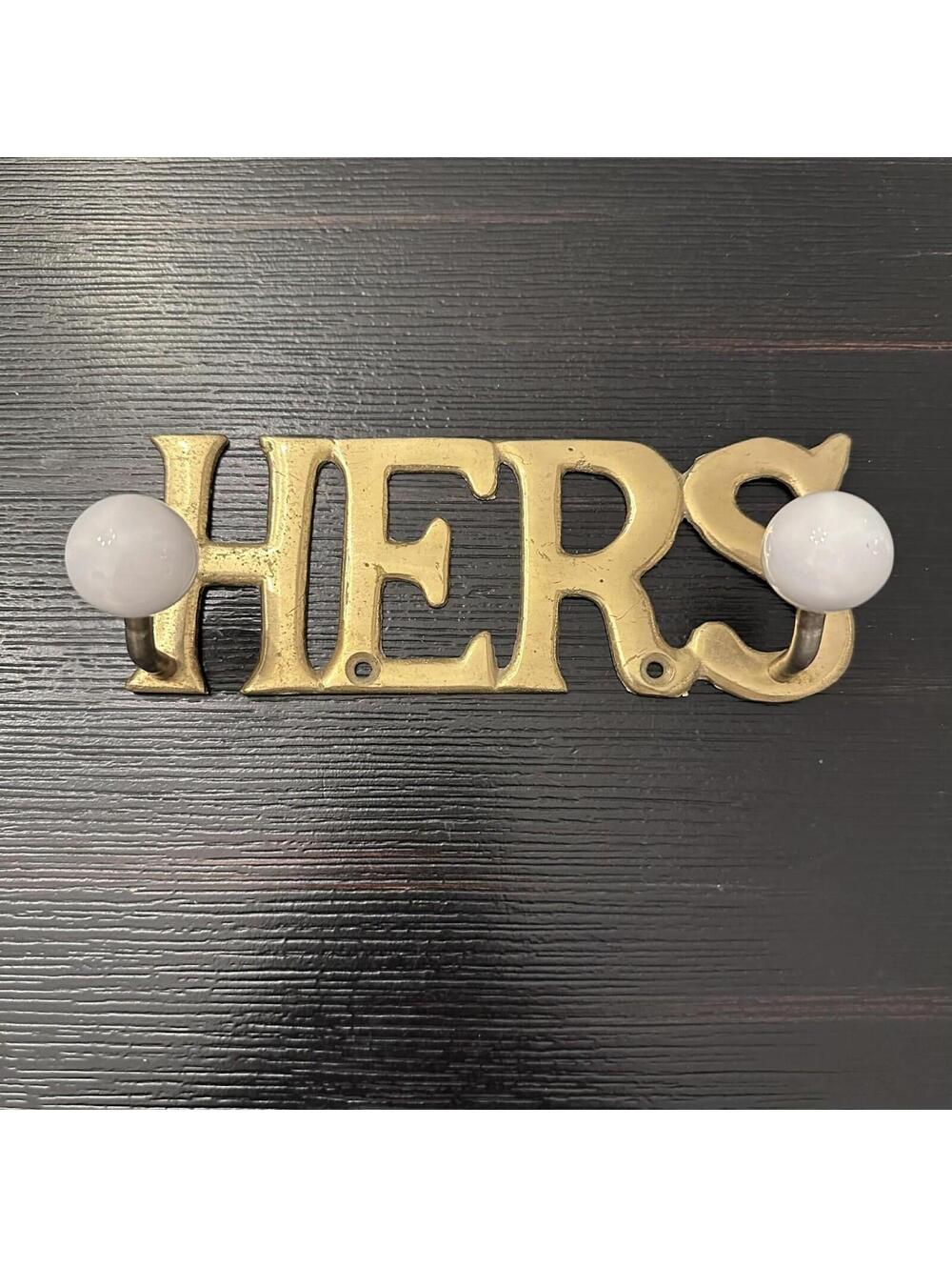 Vintage Brass HERS Wall Hook Rack Porcelain Ball Coat Hat Holder Good Condition